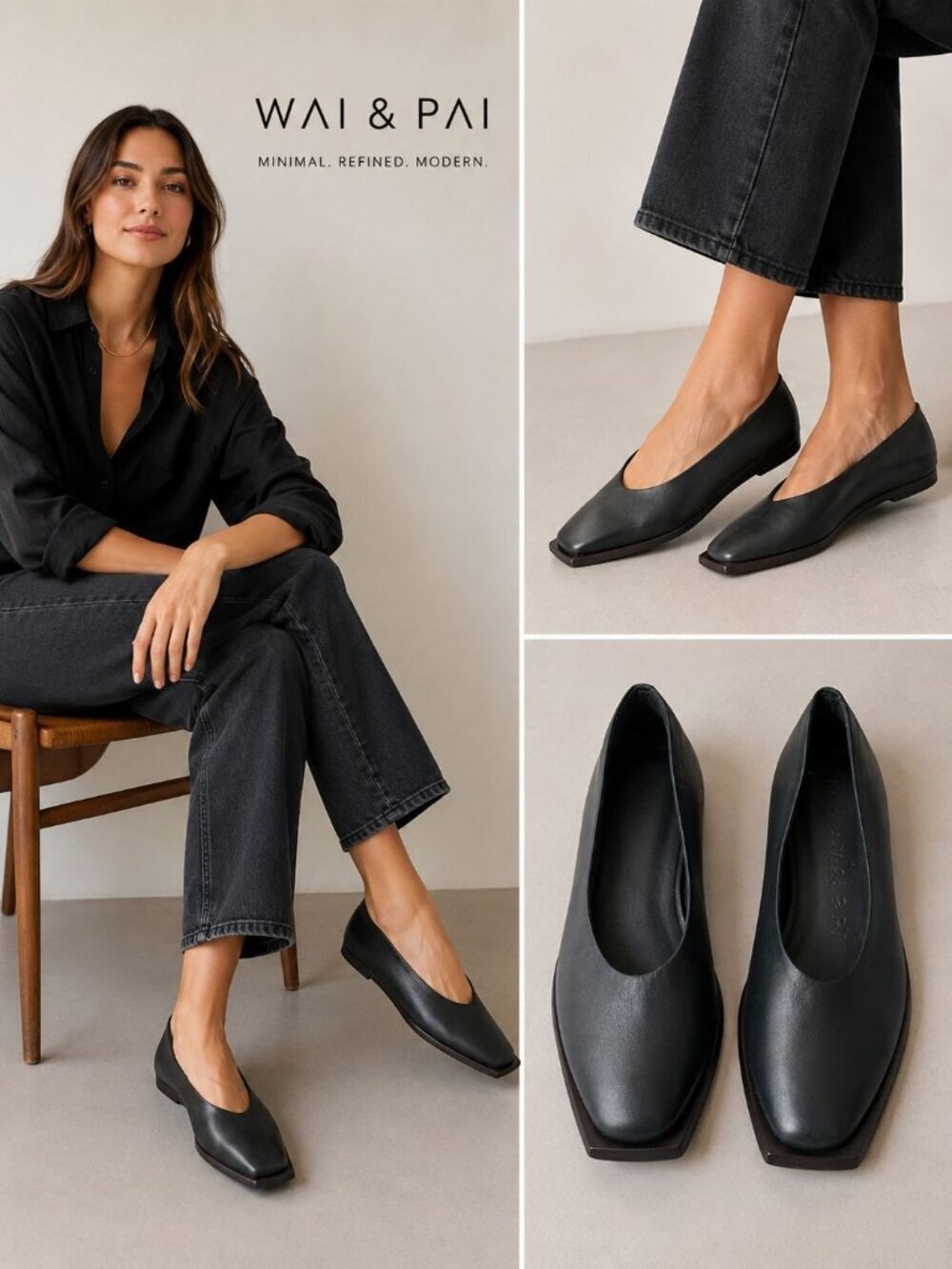 Wal & Pai Womens Black Leather Square Toe Flats Size 36